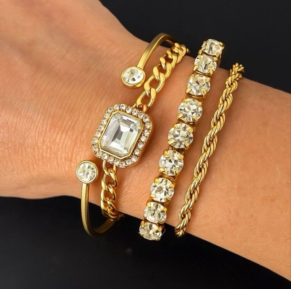 4 Gold Tone Bracelet Set with Crystals – Cuff, Tennis, Chain, Stretch
